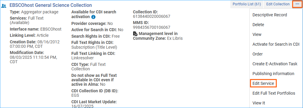 A screenshot of the action menu drop-down menu showing the Edit Service option outlined.