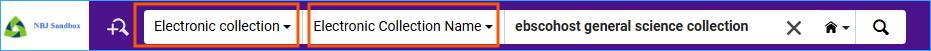 A screenshot of the search box in Alma with Electronic Collection and Electronic Collection Name outlined.