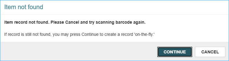 A screenshot of the message that appears after a mis-scan of the item barcode