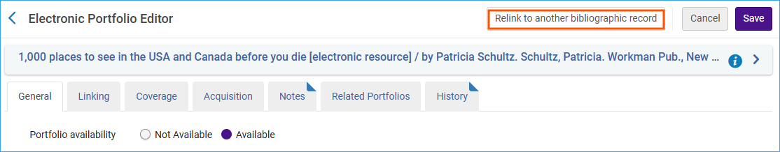 A screenshot of the top of a portfolio record with the relink to another bibliographic record button outlined.