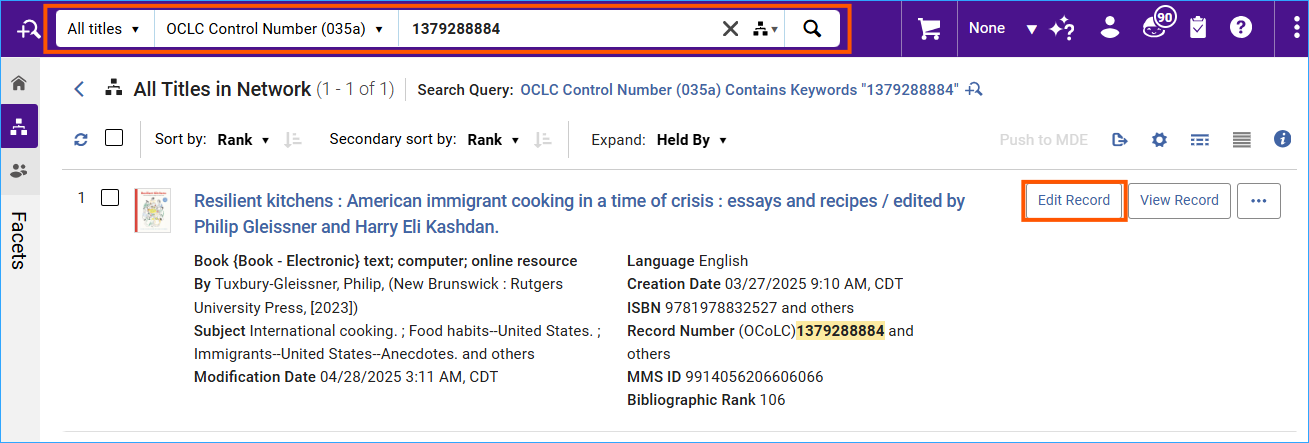 A screenshot of a title in Alma with edit record button outlined