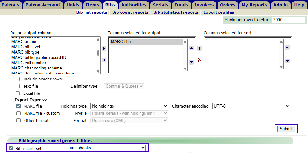 A screenshot of the Simply Reports settings for exporting bibliographic records
