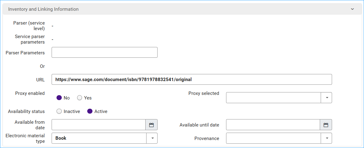 A screenshot of the linking information section of the portfolio workform.