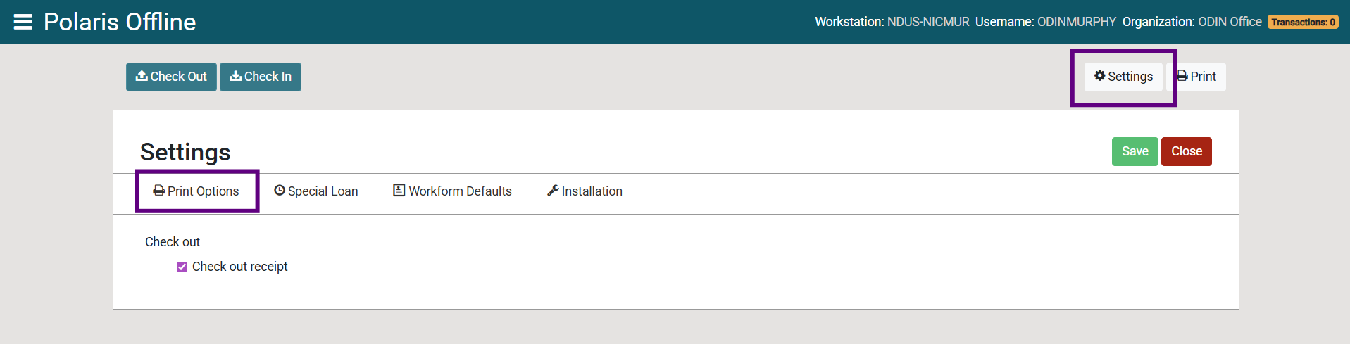 Screenshot of the Polaris Offline Settings menu. The Settings button in the upper right-hand corner is highlighted as well as the Print Options button in the middle left-hand side of the screen. The "Check out receipt" checkbox is selected.
