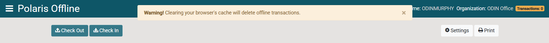 Screenshot of the Polaris Offline environment. Light yellow box indicates "Warning! Clearing your browser's cache will delete offline transactions."