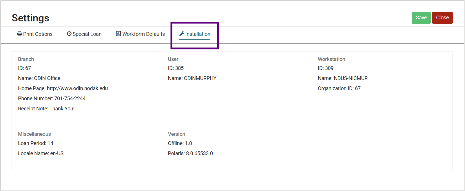 Screenshot of the Polaris Offline Settings menu. The Installation tab is highlighted and additional information about the current offline session is listed.