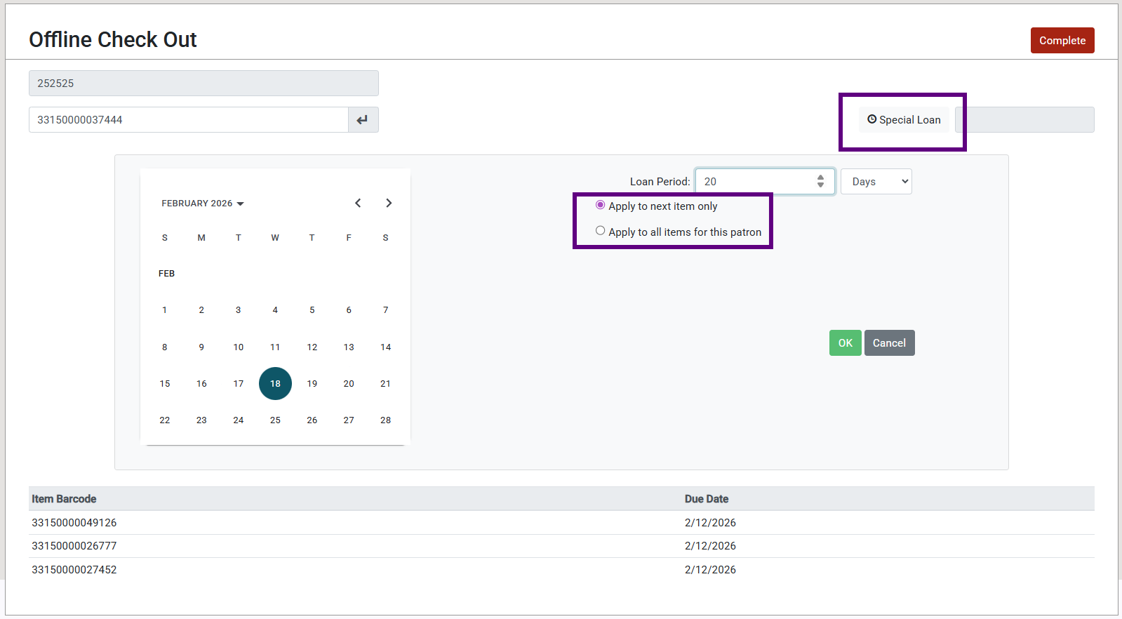 Screenshot of the Polaris Offline Check Out screen. The Special Loan button on the upper right-hand side of the screen is highlighted. A calendar is located on the middle left-hand side of the screen, the "Apply to Next Items Only" and "Apply to all items for this patron" options are highlighted, and 3 item barcodes with their due dates are listed along the bottom of the screen. 
