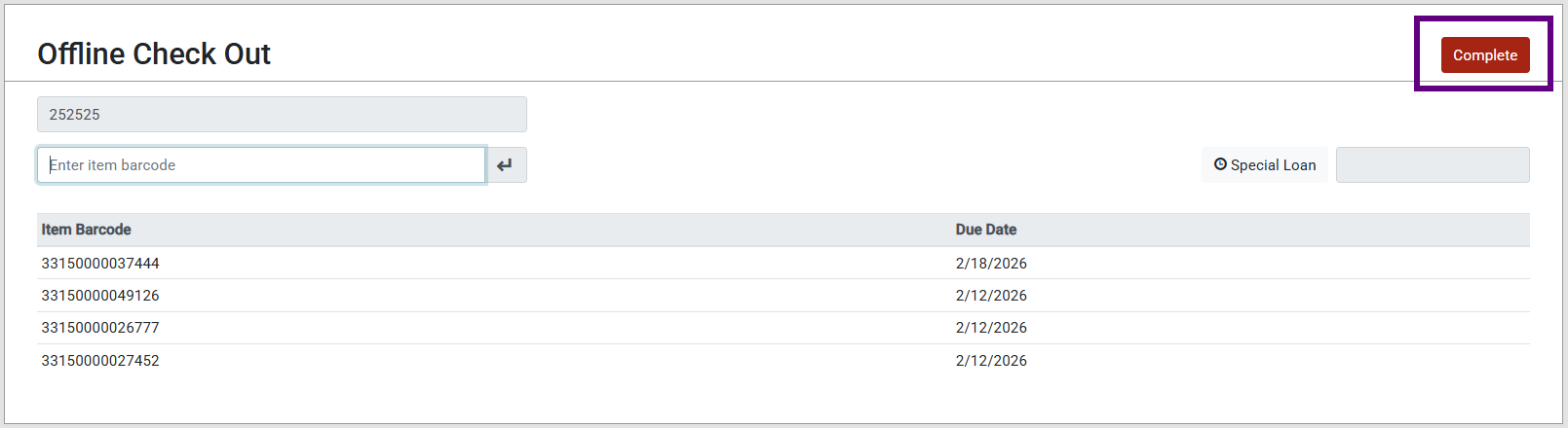Screenshot of the Polaris Offline Check Out screen listing 4 item barcodes with their due dates. The red Complete button in the upper right is highlighted. 
