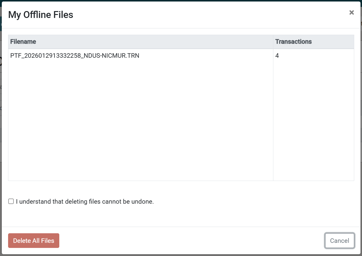 Screenshot of the Polaris Offline "My Offline Files" screen. The Filename and Transaction count of a transaction is listed. The red "Delete All Files" button is located in the lower left.