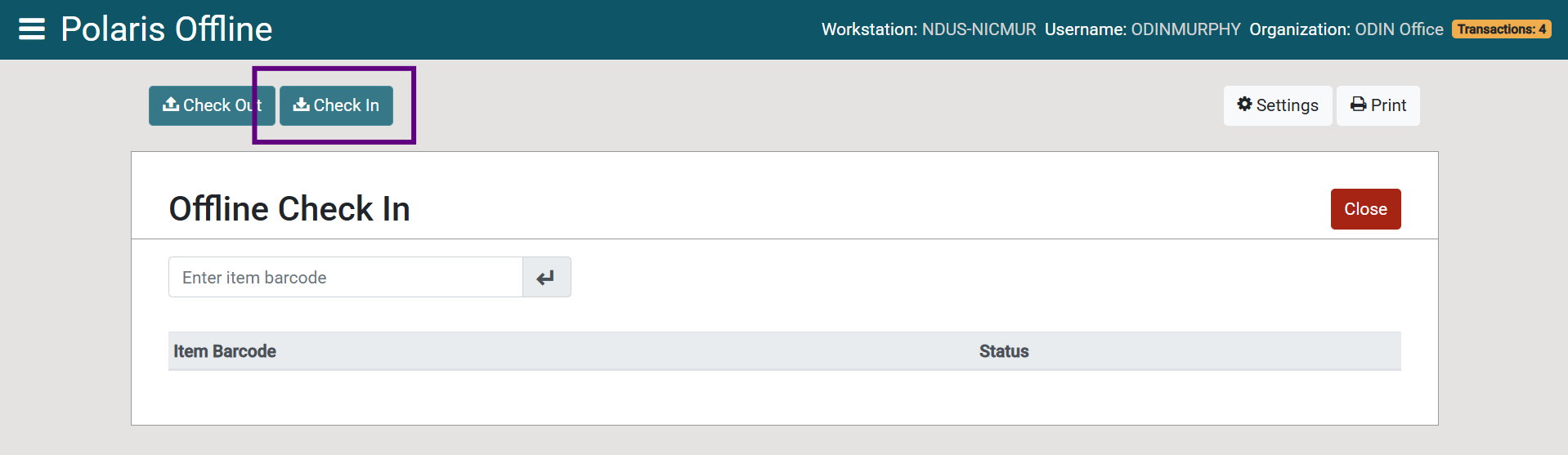 Screenshot of the Polaris Offline Check In screen. The teal Check In button in the upper left of the screen is highlighted.