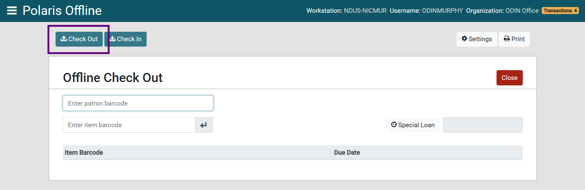 Screenshot of the Polaris Offline Check Out screen. The Check Out button in the upper left-hand corner of the screen is highlighted. Patron barcode and Item barcode fields are located in the middle left-hand side of the screen.