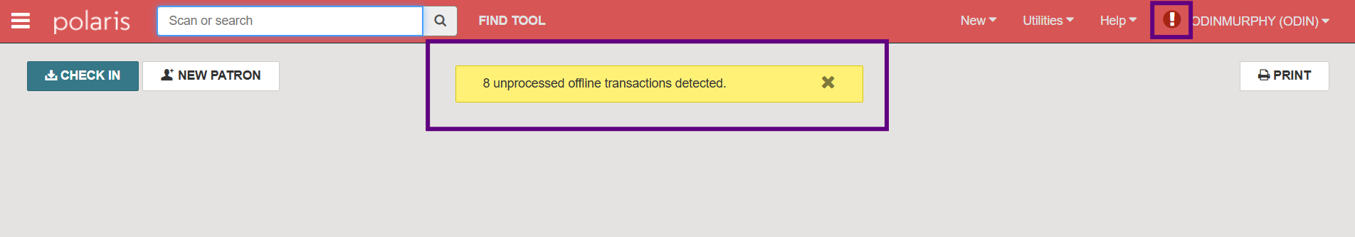 Screenshot of the Polaris Leap training environment. The yellow box in the middle of the screen is highlighted and indicates "8 unprocessed offline transactions detected." The exclamation point in the upper right next to the username is also highlighted.