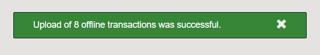 Green message box indicates "Upload of 8 offline transactions was successful."