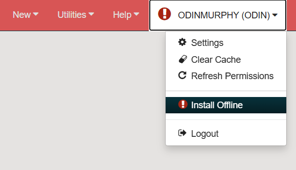 Screenshot of the Polaris Leap training environment. The dropdown menu located under the staff username in the upper right-hand corner of the screen is selected and "Install Offline" is highlighted.