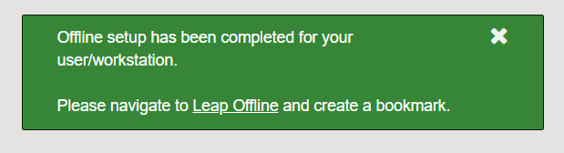 Screenshot of the Polaris Leap training environment. Message in green box indicates "Offline setup has been completed for your user/workstation. Please navigate to Leap Offline and create a bookmark."