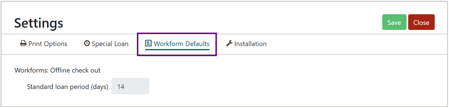 Screenshot of the Polaris Offline Settings menu. The Workform Defaults tab is highlighted.