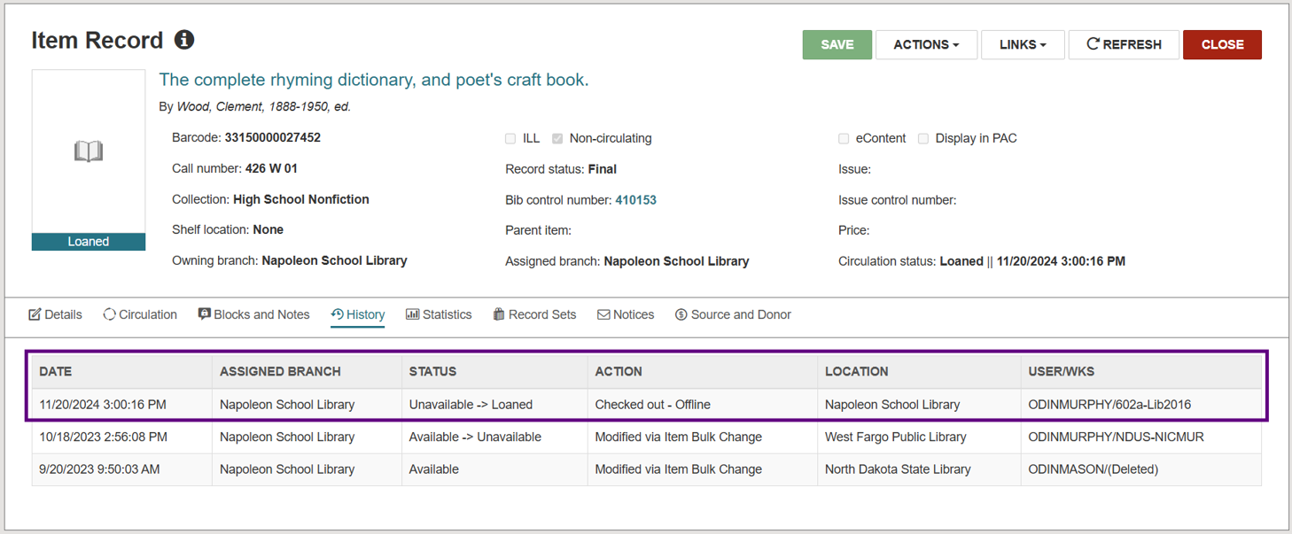 Screenshot of an item record with the history action "Checked out - Offline" highlighted.