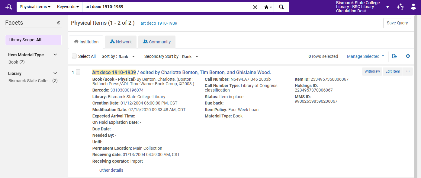 A screenshot of the Alma interface showing the physical items search.
