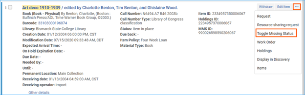 A screenshot of the Alma interface showing the item record and the Toggle Missing Status menu option.