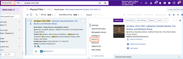 A screenshot of the Alma interface showing a physical titles search.