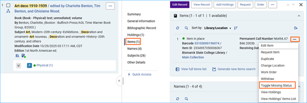 A screenshot of the Item record row action menu with Toggle Missing Status selected.