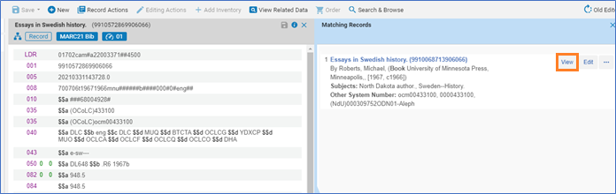 A screenshot of the matched record showing in the right pane