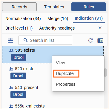 A screenshot of the right click menu to duplicate a rule.