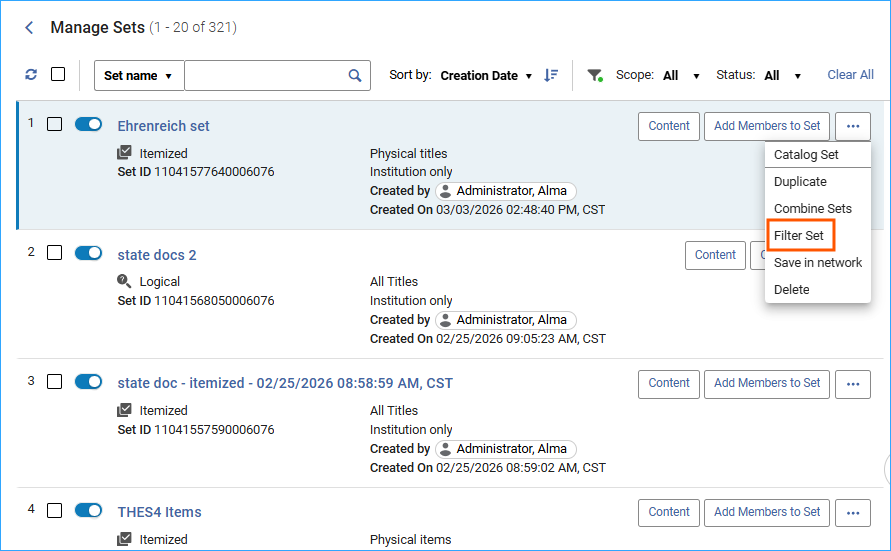 Screenshot of the manage sets screen with action menu open showing filter sets option.