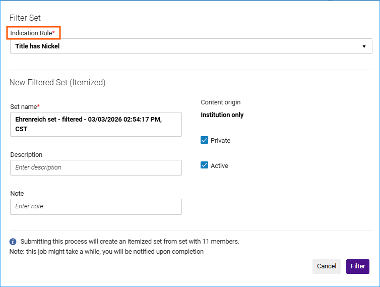 A screenshot of the filter set work form