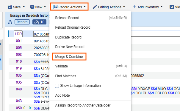 A screenshot of the record actions menu with merge & combine selected.