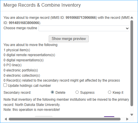 A screenshot of merge and combine inventory work form