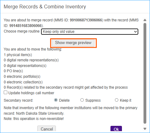 A screenshot of the merge and combine workform with Keep only old value selected and show merge preview highlighted