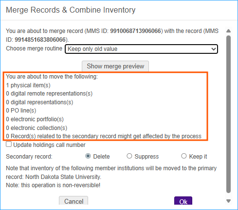 A screenshot of the merge and combine inventory workform with the inventory that will be moved highlighted.