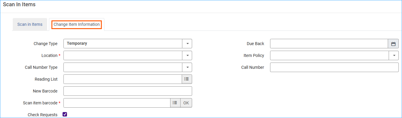A screenshot of the change item information tab work form of the scan in items screen.