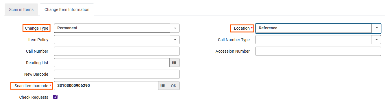A screenshot of the scan in items work form showing the new location as Reference.