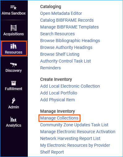 A screenshot of the Alma menu with manage collections highlighted