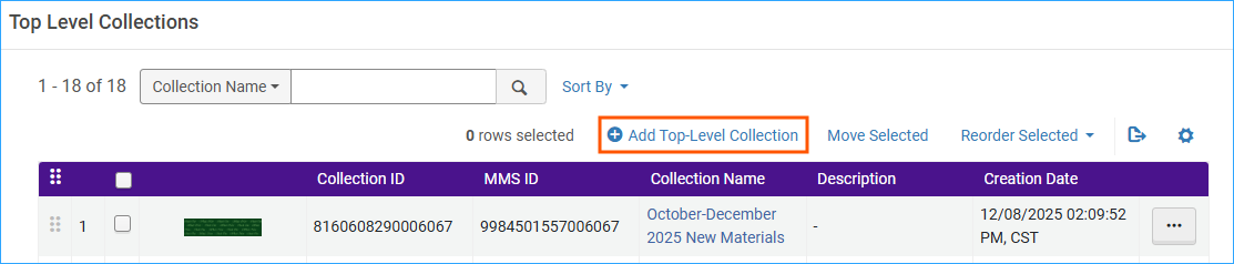 A screenshot of the top level collections screen with the add top level collection button highlighted