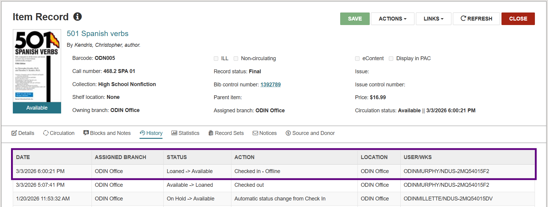 Screenshot of Polaris Leap item record. The Checked In - Offline history action is highlighted.