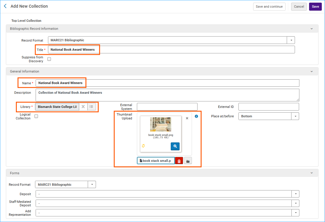 A screenshot of the Alma interface of the collection form with title, name, library, and thumbnail fields highlighted