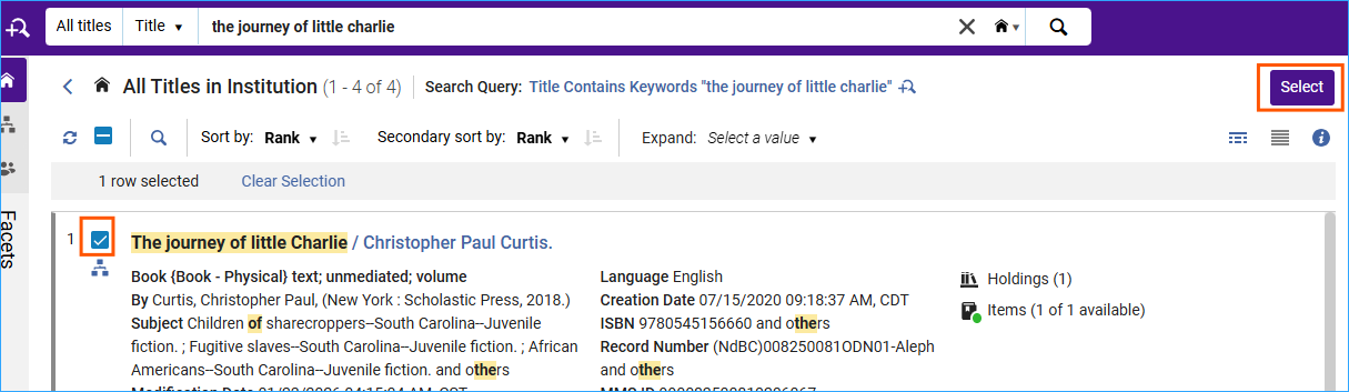 A screenshot of the Alma search bar with a title selected and the Select button highlighted.