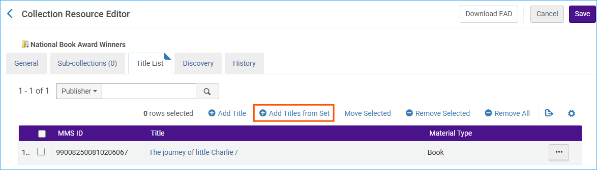 A screenshot of the title list page showing the add titles from set button highlighted.