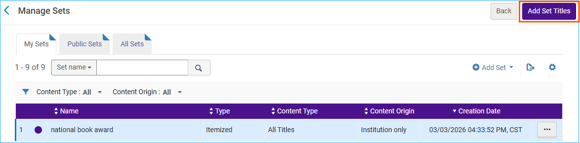 A screenshot of the manage sets page with the set selected and the add set titles button highlighted