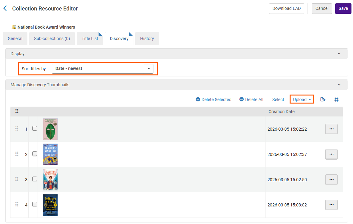 A screenshot of the discovery tab of the collection resource editor. 