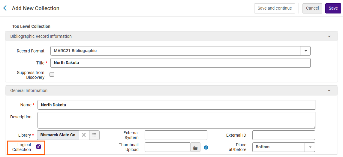 A screenshot of the Add new collection work form with the Logical Collection box checked.
