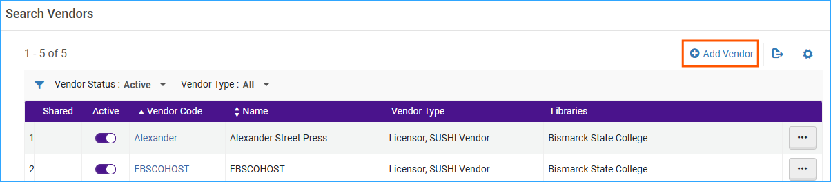 A screenshot of the Alma interface in the vendor search with the Add Vendor button highlighted.