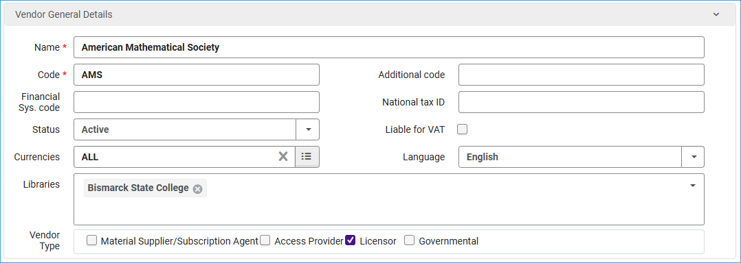 A screenshot of the vendor details screen when setting up a SUSHI vendor.