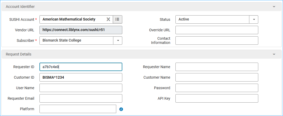 A screenshot of the setup for a vendor for SUSHI report retrieval.