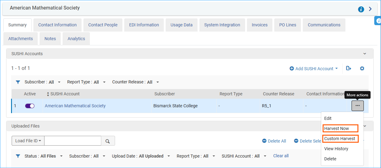 A screenshot of the vendor record showing the action menu options to select harvest now or custom harvest.