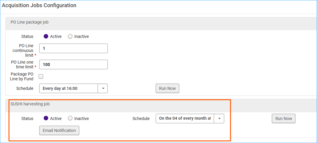 A screenshot of the Acquisitions Job Configuration showing settings for the SUSHI harvesting job.