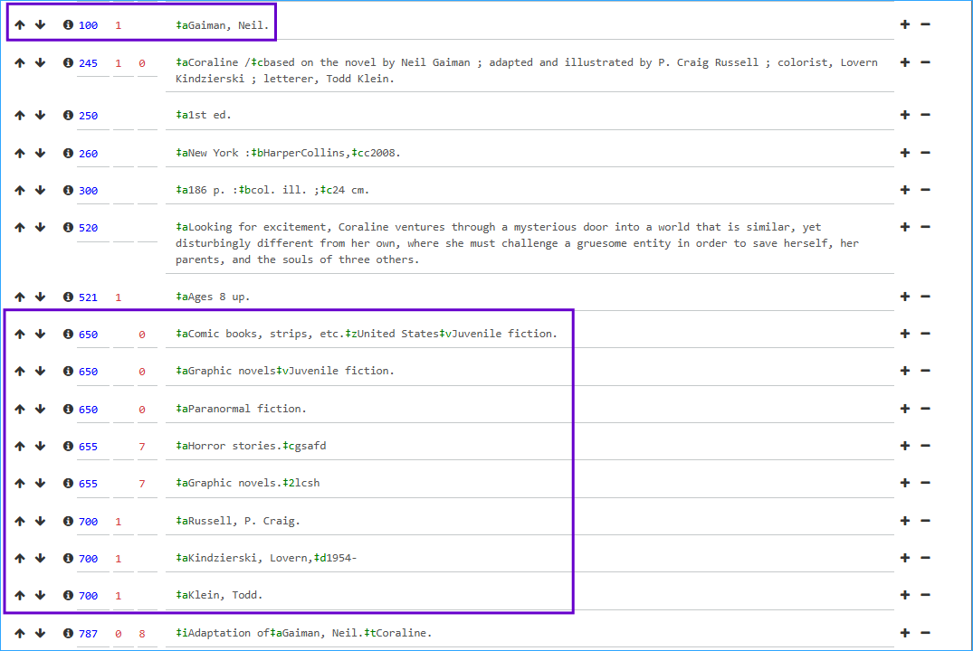 A screenshot of the Leap MARC record with authorized headings outlined